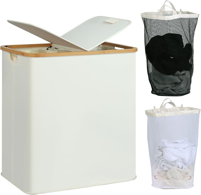 efluky 140L Laundry Baskets with Lid Two Compartments Beige
