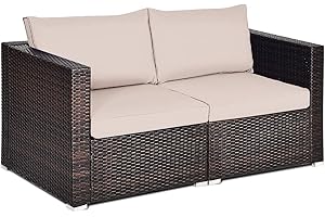 Tangkula Wicker Loveseat 2 Piece, Patio Furniture Couch with Removable Cushions, Rattan Loveseat Sofa for Balcony, Deck, Garden and Poolside