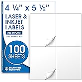 4.25" X 5.5" Matte White Shipping Labels Compatible with Inkjet and Laser Printers - 100 Sheets, 400 Total Printable Stickers for Mailing and Organization - Spartan Industrial Template R023