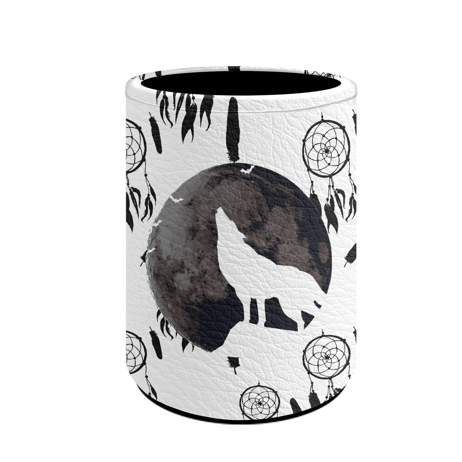 Kuiaobaty Wolf Dreamcatcher Pattern Pencil Holder Moon Round Pen Pot Student Durable Leather Stationery Organizer,White