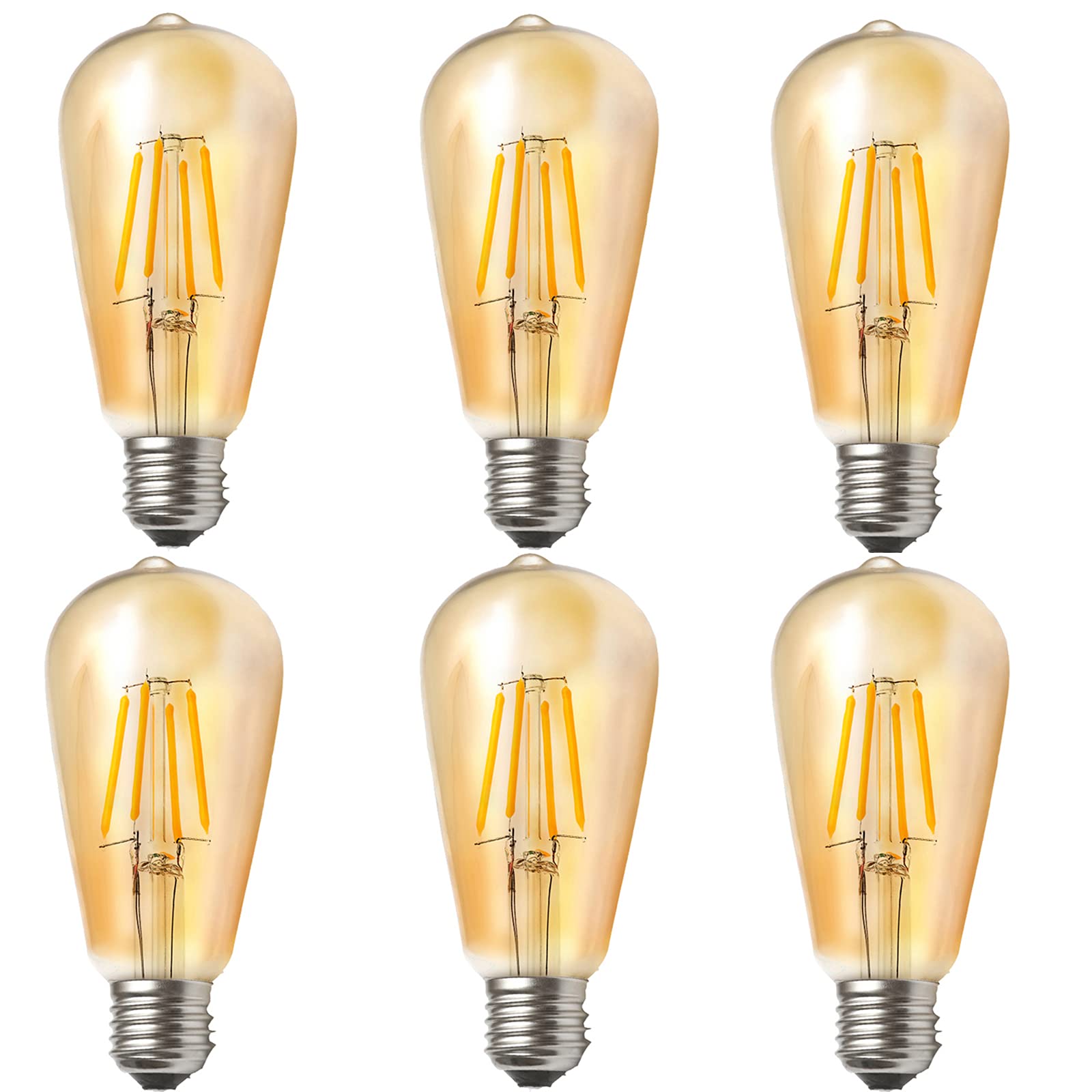 ST64 E27 Screw Vintage LED Edison Bulb，4W (40W Equivalent) Filament Light Bulb, 2700K Warm Retro Light, 6-Pack Gold Tint
