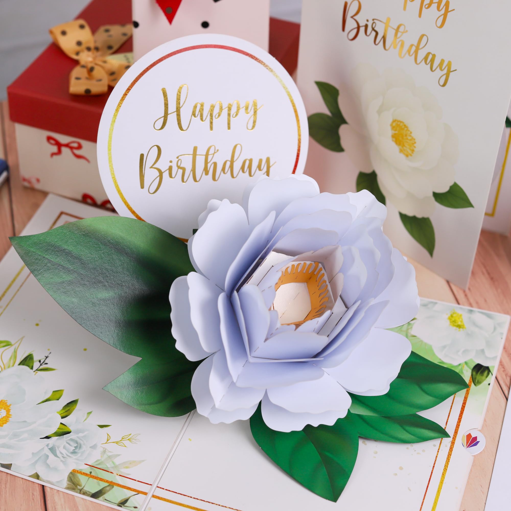 LIMAH® Happy Birthday Pop-up 3D Geburtstagskarte zum Geburtstag für Frau, Freundin, Oma - kombinierbar mit einem Gutschein, Geschenk, oder Blumenstrauß - Motiv. Weiße Blumen mit grüner Deko 6