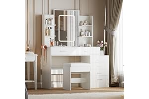 Makeup Vanity Desk Set with Charging Station - 6 Large Drawers & Display Shelves, Adjustable 3-Color Lighting, Included Uphol