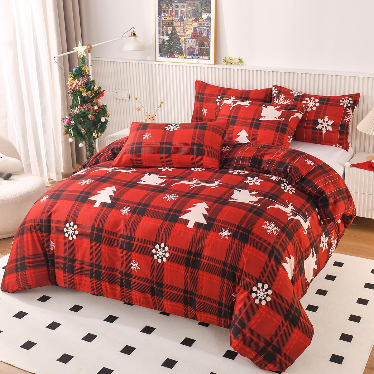 ZIQINPSQ Christmas Deer Plaid Duvet Cover Set Double, Holiday Themed Bedding Set for Xmas and New Year Gifts