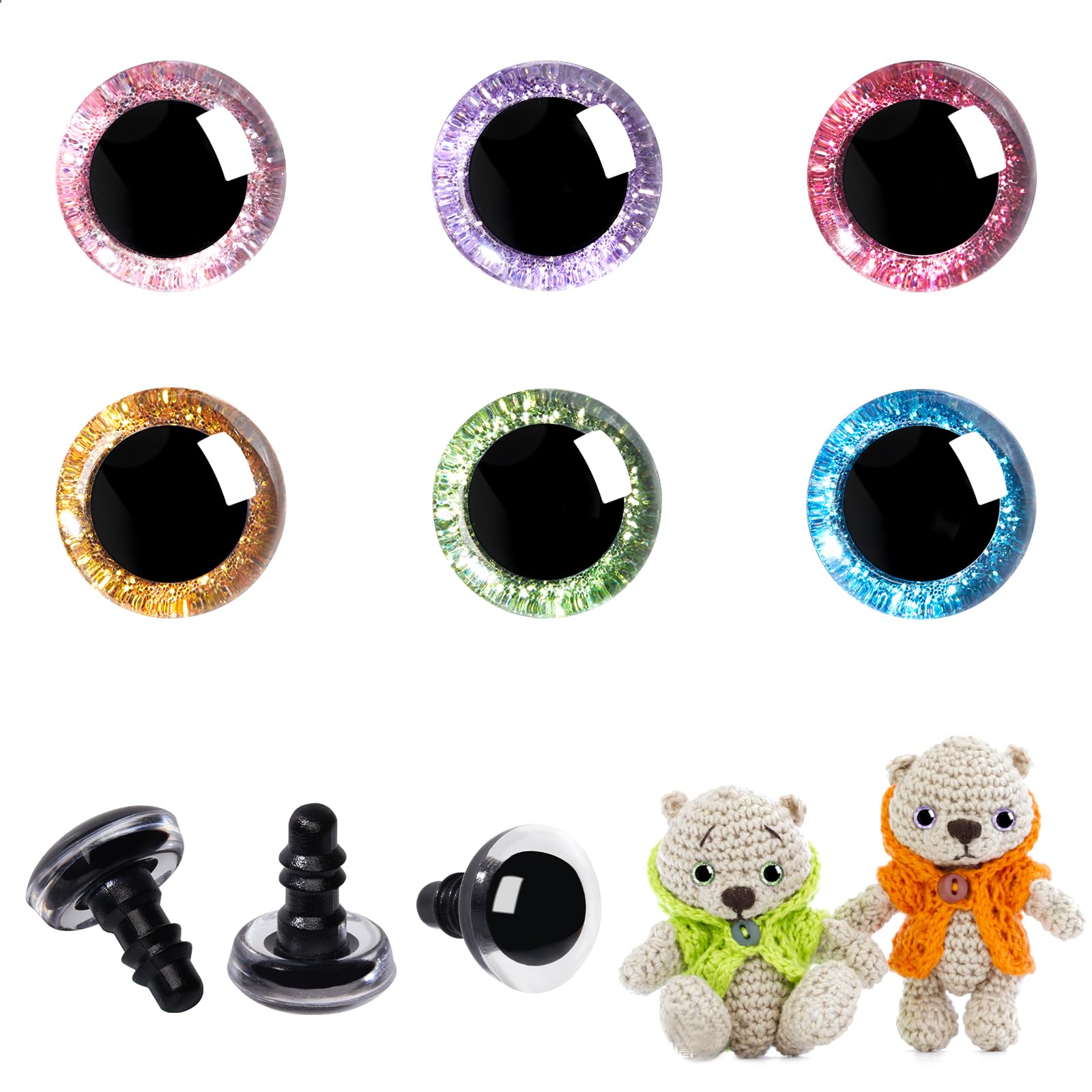 MUCUNNIA 120pcs 16mm 3D Glitter Plastic Safety Eyes for Amigurumi Trapezoid Craft Crochet Doll Eyes with Washers Stuffed Animal Eyes for DIY of Puppet, Bear Plush Animal(6 Colors)