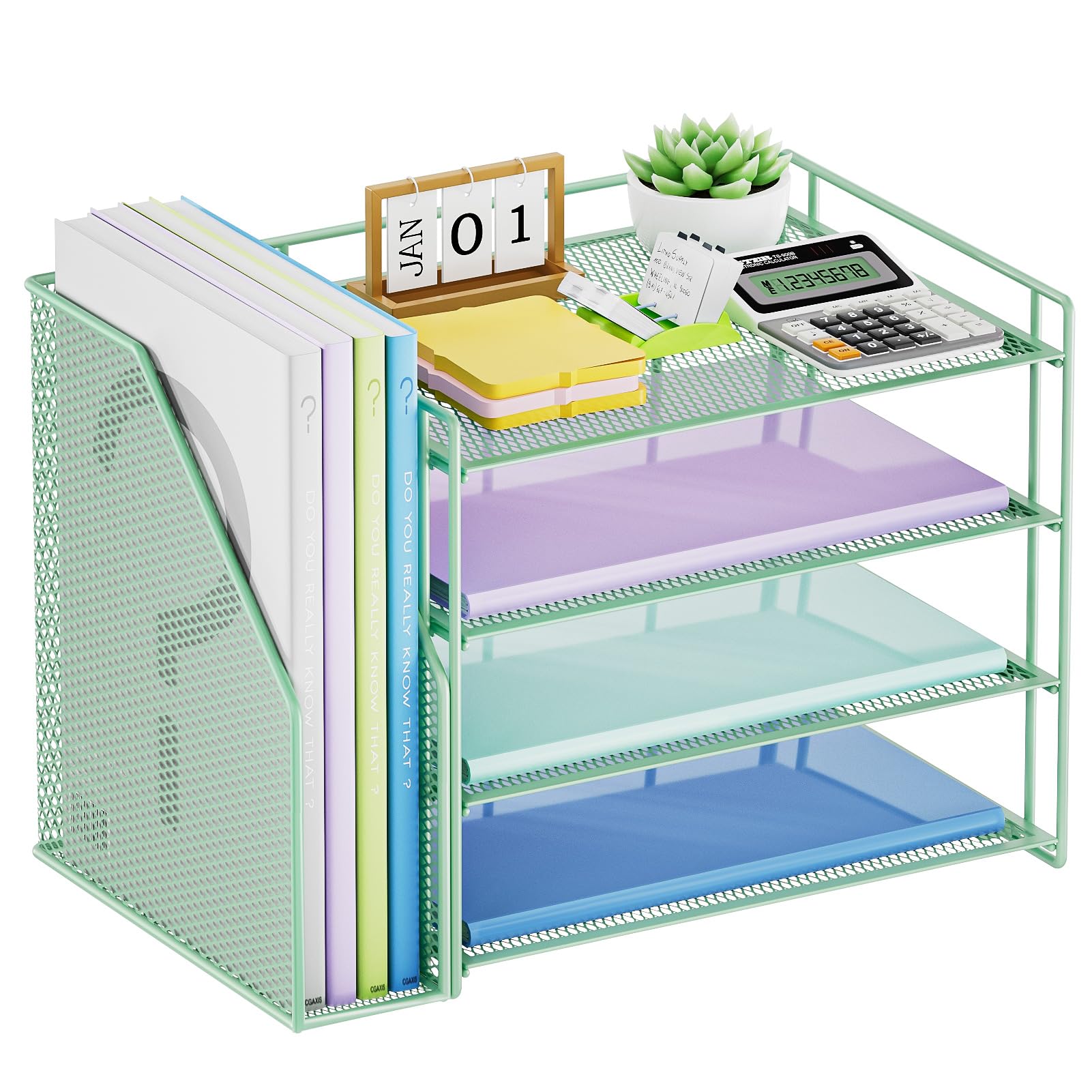 Photo 1 of Marbrasse Desk Organizer and Accessories?4-Tier Paper Letter Tray Organizer with File Holder?Desk Accessories & Workspace Desktop Organizers for School Home Office Supplies (Green)