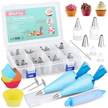 WisFox 85-Teiliges Spritztüllen Set, Profi Edelstahl Russische Tüllen Aufsätze Enthalten 50 Paspeldüsen 22 spritzbeutel 5 Cup