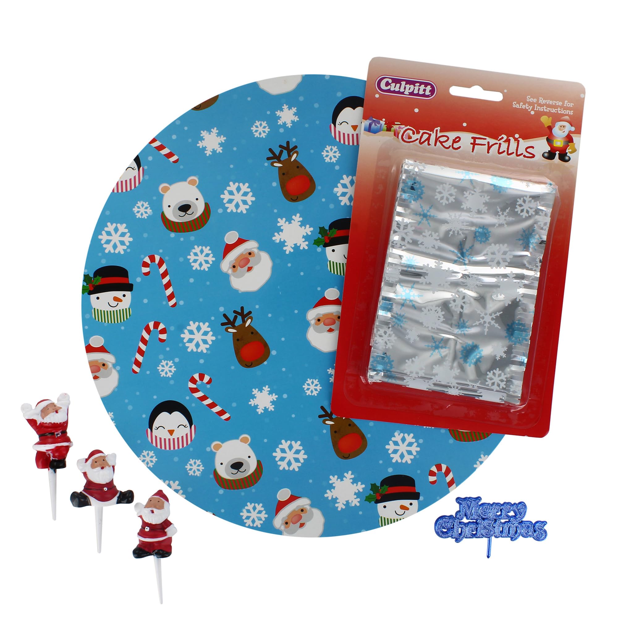 Culpitt Santa Christmas Cake Kit, 10" Festive Board, Silver Frill, and Cake Toppers Including Tumbling Santas and Merry Christmas Plaque - 6 Piece Set