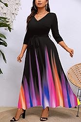 Runwind Plus Size Dress for Women 3/4 Sleeve V Neck