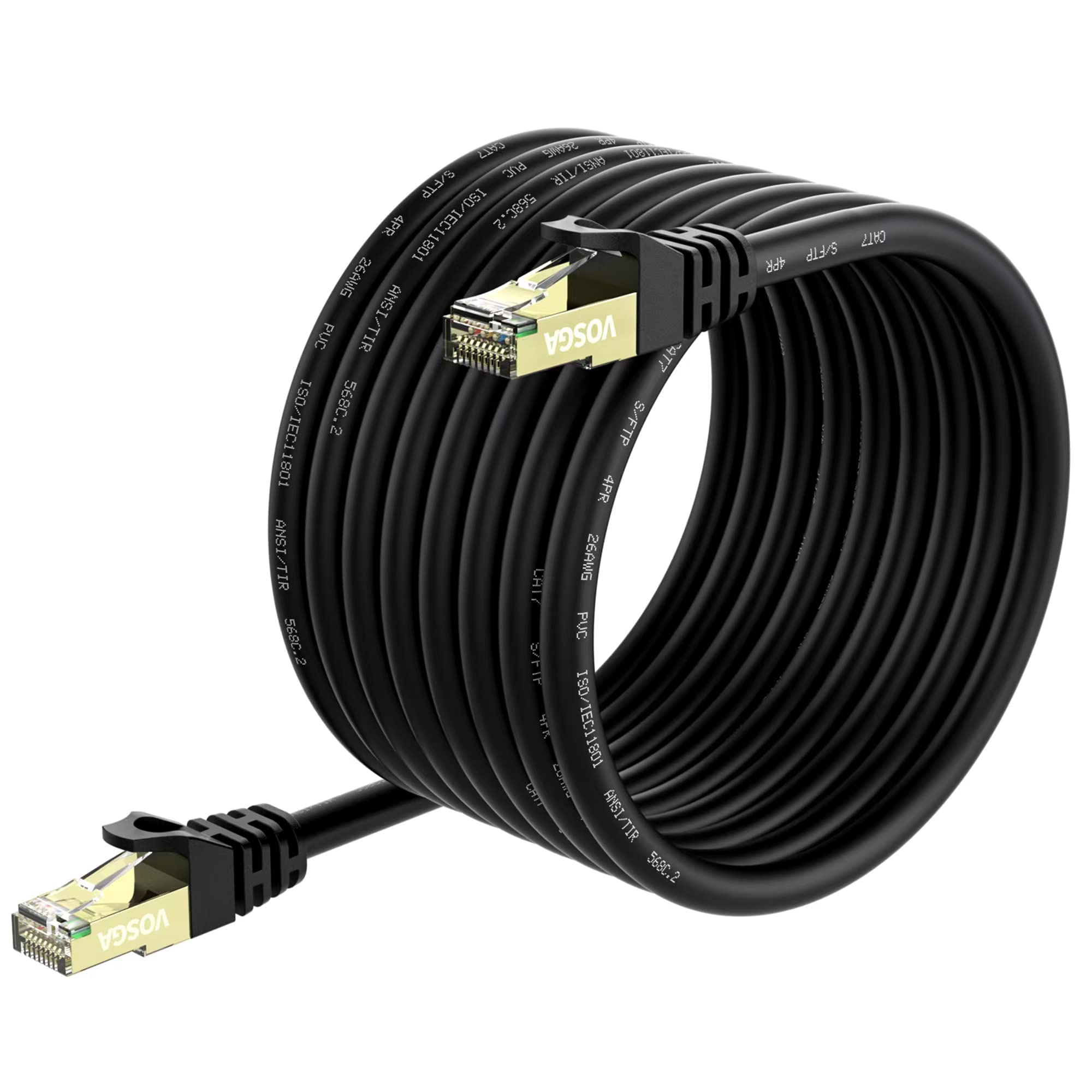 VOSGA Cat7 SFTP Shielded Ethernet Cable 35M, Pure Copper 26AWG Heavy Duty Patch Cord,10Gbps 600MHz Network Cable with Gold Plated RJ45 Connectors,Outdoor Cat 7 LAN Internet Cable 35M Black