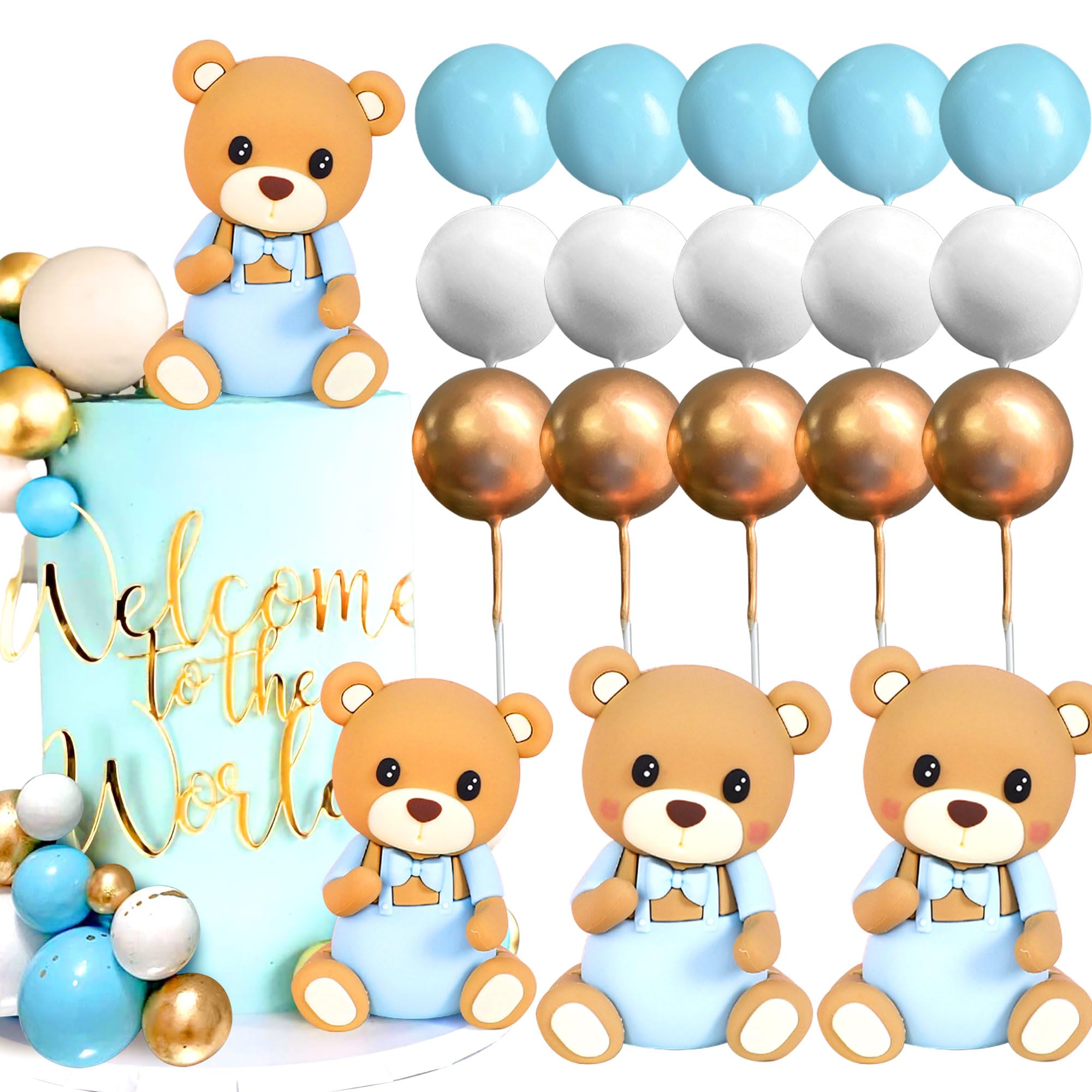 LaVenty Luxury Blue Baby Shower Teddy Bear Cake Topper and Decoration for Gender Reveal Party Supplies