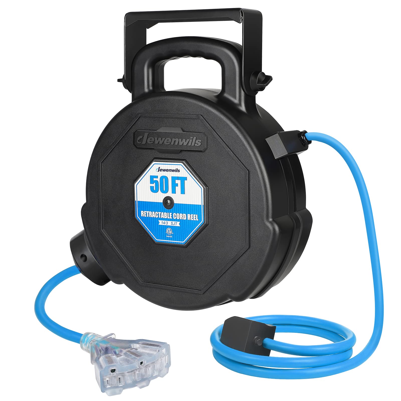 Photo 1 of DEWENWILS 50FT Heavy Duty Cord Reel, Retractable Extension Cord Reel with Light-Up Triple Tap, 13 A Circuit Breaker, Wall/Ceiling Mountable, Portable Handle, 14/3 SJT, ETL Listed, Blue