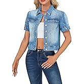 LifeShe Puff Short Sleeve Denim Jacket for Women Summer Cropped Jean Jacket Non-stretch Crop Coat