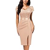 Miusol Women's Classy V-Neck Glitter Sequin Lace Cap Sleeve Cocktail Party Dress