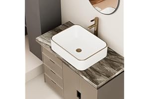 GHOMEG 19 Inch Bathroom Vessel Sink White Bathroom Sink Ceramic with Gold Rim 19x15 inch Above Counter Vanity Top Washing Basin