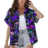 HIHI GLOBAL Tropical Tiki and Flamingo Hawaiian Shirt for Women Summer Beach Button Down Short Sleeve Clothes for Women