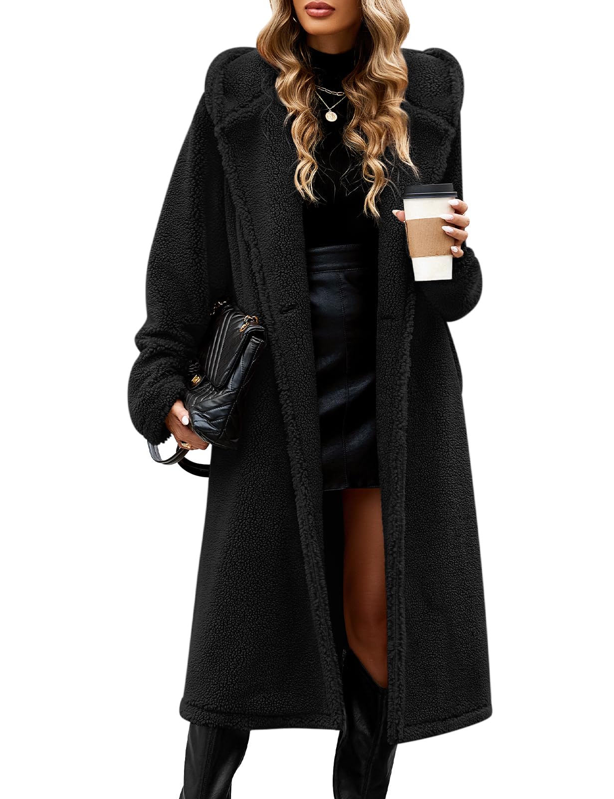 Photo 1 of VXVGER Women's Fuzzy Fleece Hooded Coat Winter Oversize Long Cardigan Jacket Warm Faux Fur Outwear with Pockets(S,Black)