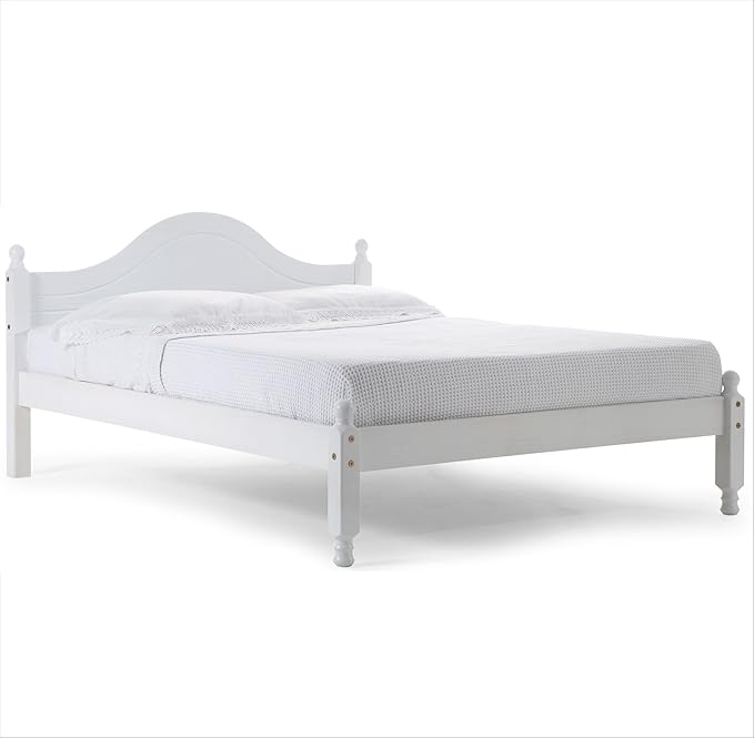 White Small Double Bed 4ft, Curved Headboard, Solid Pine, includes