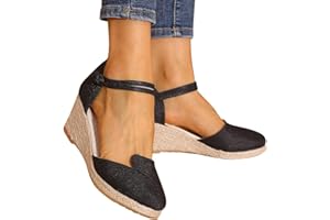HINDOLA Women's Espadrilles Closed Toe Sandals Ankle Strap Dressy Platform Wedge Sandals Ladies Platform Summer Heels Shoes