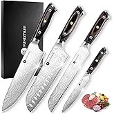 4 Pieces Professional Kitchen Knife Set, Damascus German Stainless Steel Chef Knife Set With Wooden Box, 8" Chef Knife, 5" Utility Knife, 8" Bread Knife, 7" Santoku Knife, Gift for Men Women