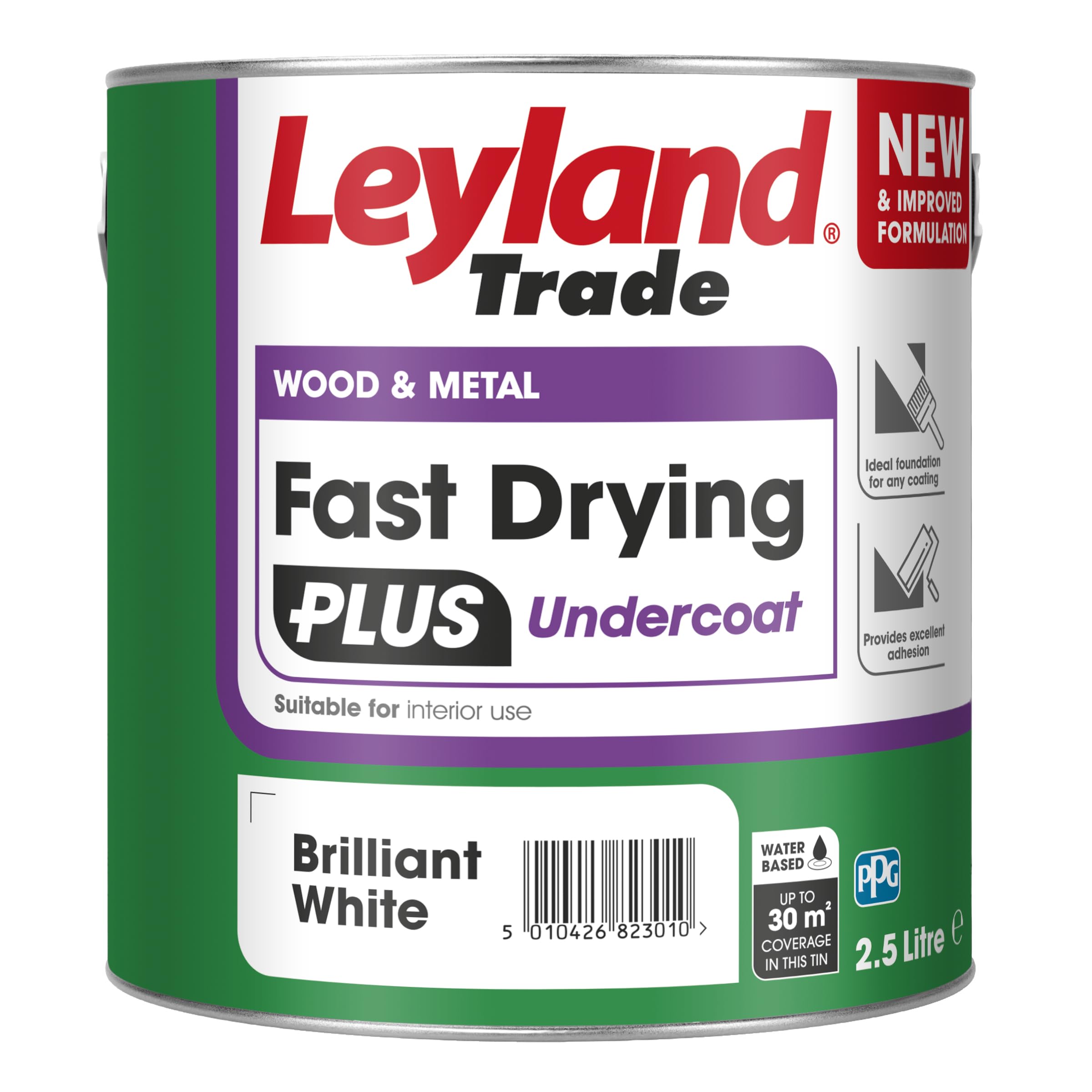 Leyland Trade – Wood & Metal - Fast Drying Plus - Undercoat - Brilliant White – Ideal Foundation Coating – Excellent Adhesion - 2.5L