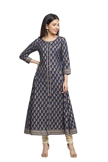 Women's Cotton Gold Print Anarkali Kurta (Blue)
