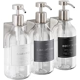 Shower Shampoo Dispenser Wall Mounted &ndash; 3 Refillable 16.9 oz Clear Bottles with Stainless Steel Pumps &amp; No-Drill Adhesive Holders &ndash; Soap Dispenser Set for Bathroom (3 X Clear/Silver)
