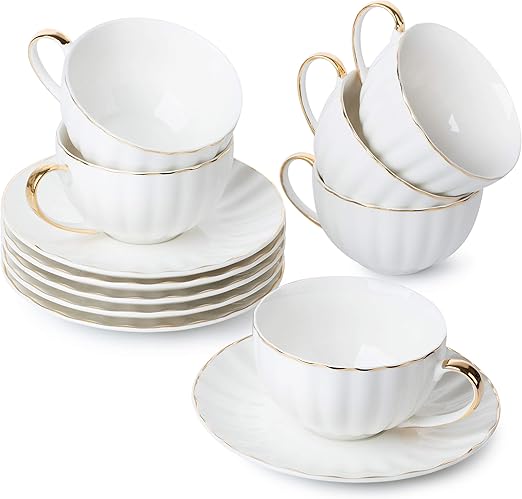 Amazon Com Btat Tea Cups And Saucers Set Of 6 7 Oz With Gold