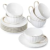 BTaT- Cappuccino Cups with Saucers 7 oz, Set of 6, White Porcelain Coffee Cup and Saucer Set for Latte with Golden Trim Design, Dishwasher Safe, Mocha, Tea, Au Lait, Flat White