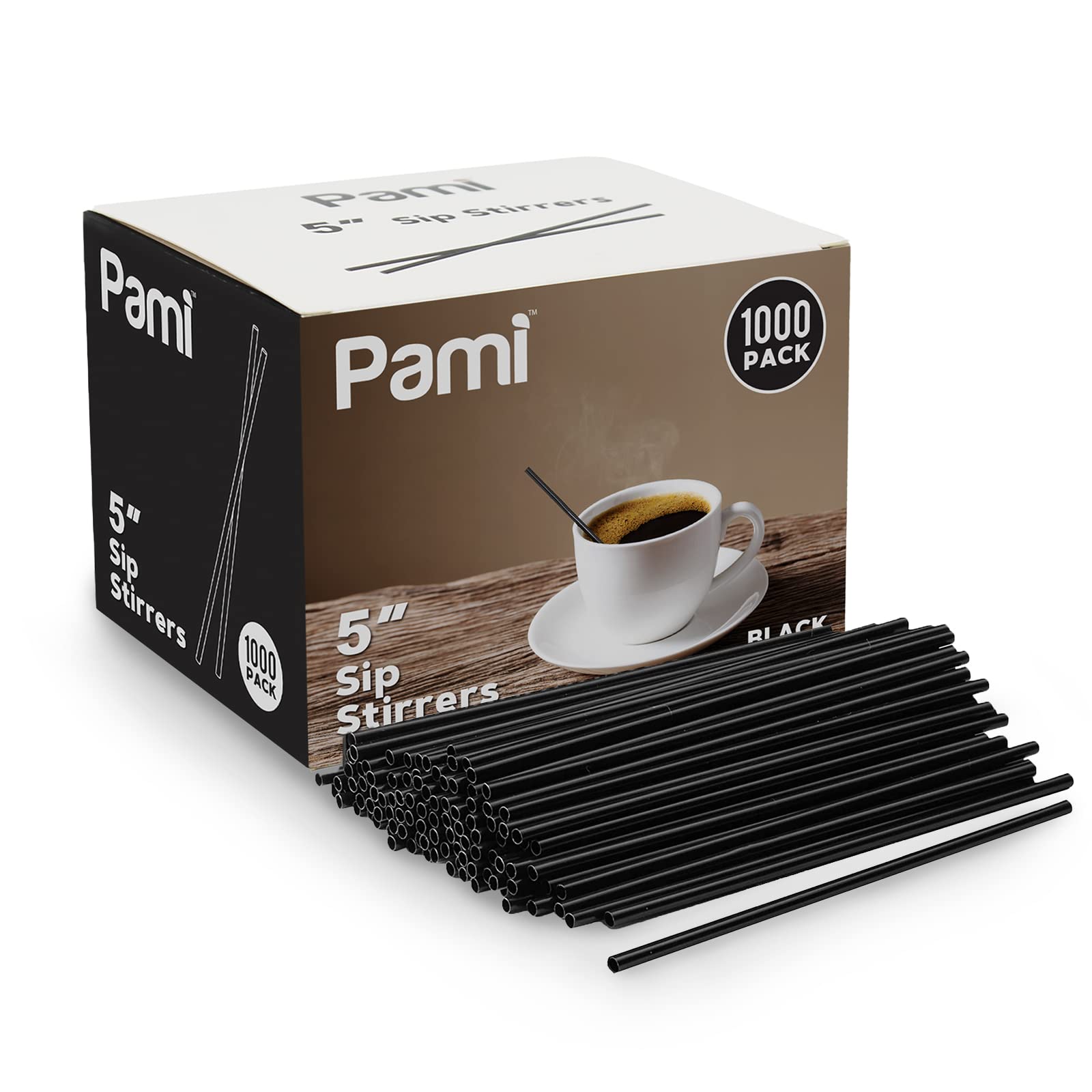 PAMI 1000 Black Stir Straws 5in Disposable Plastic Coffee Stirrers Swizzle Sticks for Cocktails, Hot & Cold Beverages (Black One Size)