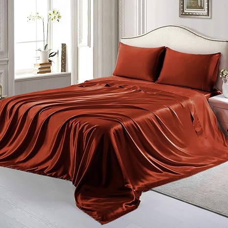 Amazon Com Rudonmg 4 Piece Rust Satin Sheets Full Size Satin Bed Sheets Set Silky Satin Sheet With 1 Deep Pocket Fitted Sheet 1 Flat Sheet 2 Pillowcases