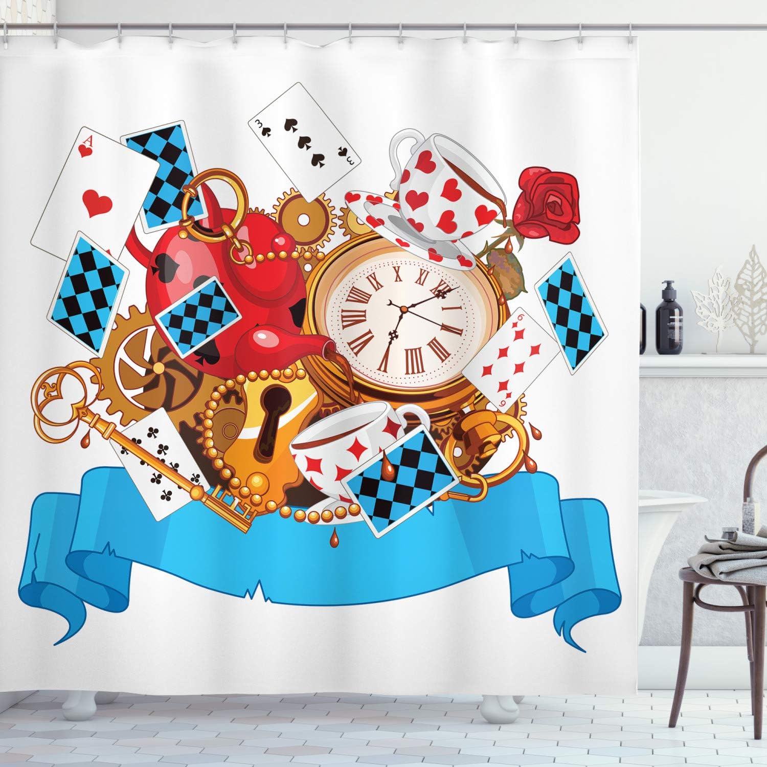 Amazon Com Ambesonne Alice In Wonderland Shower Curtain Mad Design Of Cards Clocks Tea Pots Keys Flowers Fantasy World Artwork Cloth Fabric Bathroom Decor Set With Hooks 84 Long Extra Blue White Home