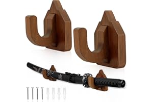 CharmFields Sword Wall Mount Display Hooks, Wooden Sword Holder Rack, Katana Display Stand and Hangers for Martial Arts Weapons, Wizard Wand, Knife, Axe, Dagger, Home and Office Decor - Reddish Brown