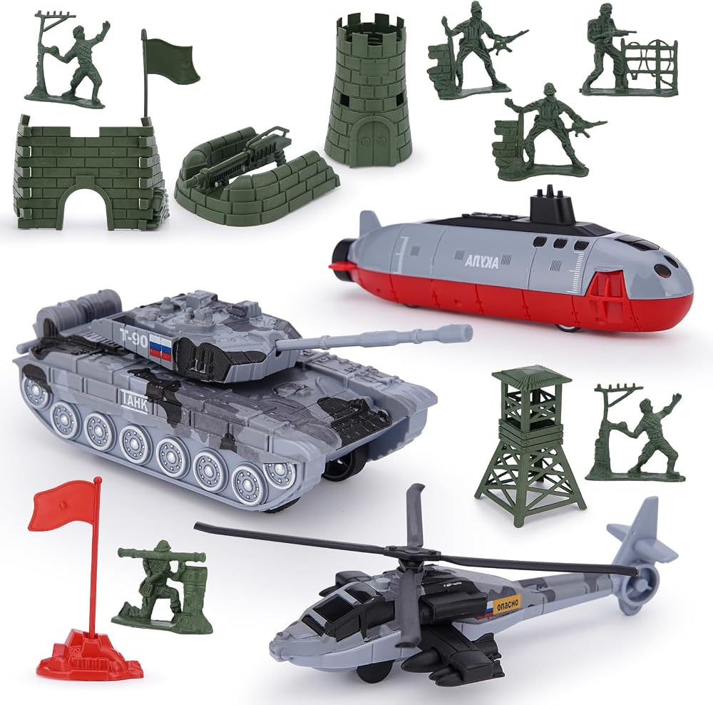Crelloci 18 PCS Army Toy Submarine Tank Helicopter Playset Boys Age 3-12