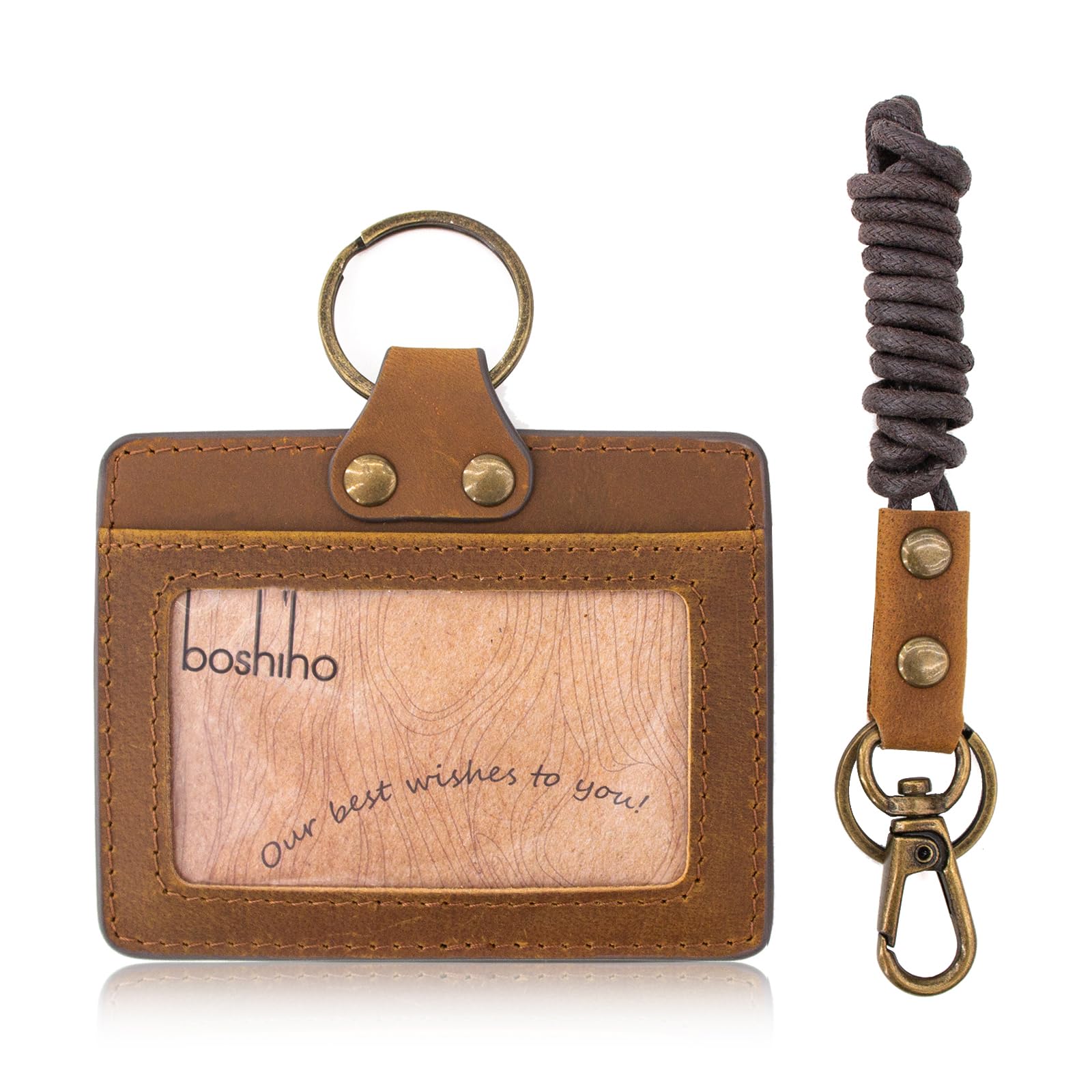 Badge Holder: Boshiho Cowhide Leather ID Badge Card Holder with Neck Lanyard, Vertical Style Credit Card Holders for Office Students Business (Dark Brown1) — image 1