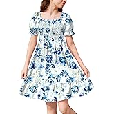 BesserBay Girls Summer Ruffle Square Neck Smocked Midi Dress Puff Sleeve Flowy Sundress 4-14 Years