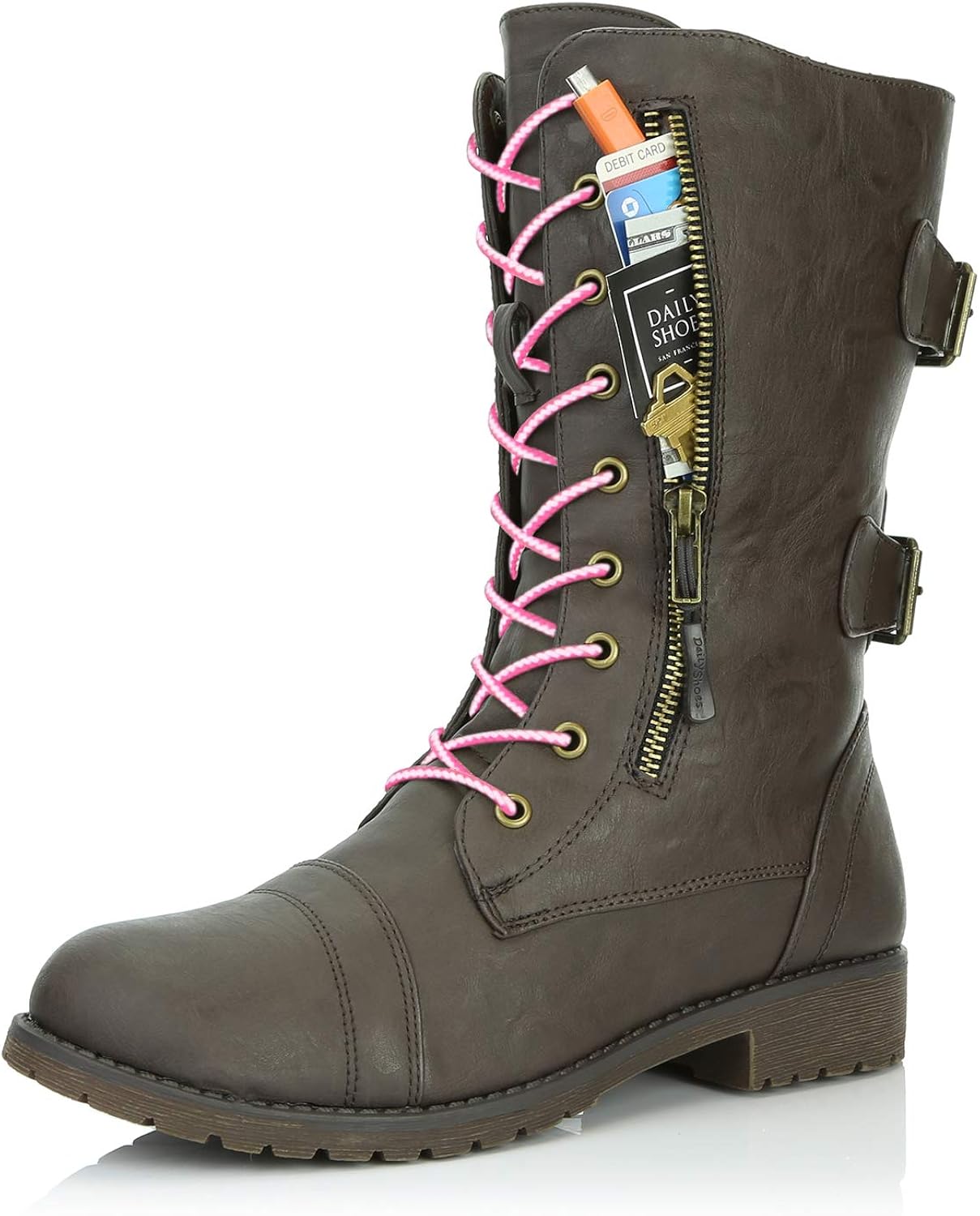DailyShoes Women's Military Lace Up Buckle Combat Boots