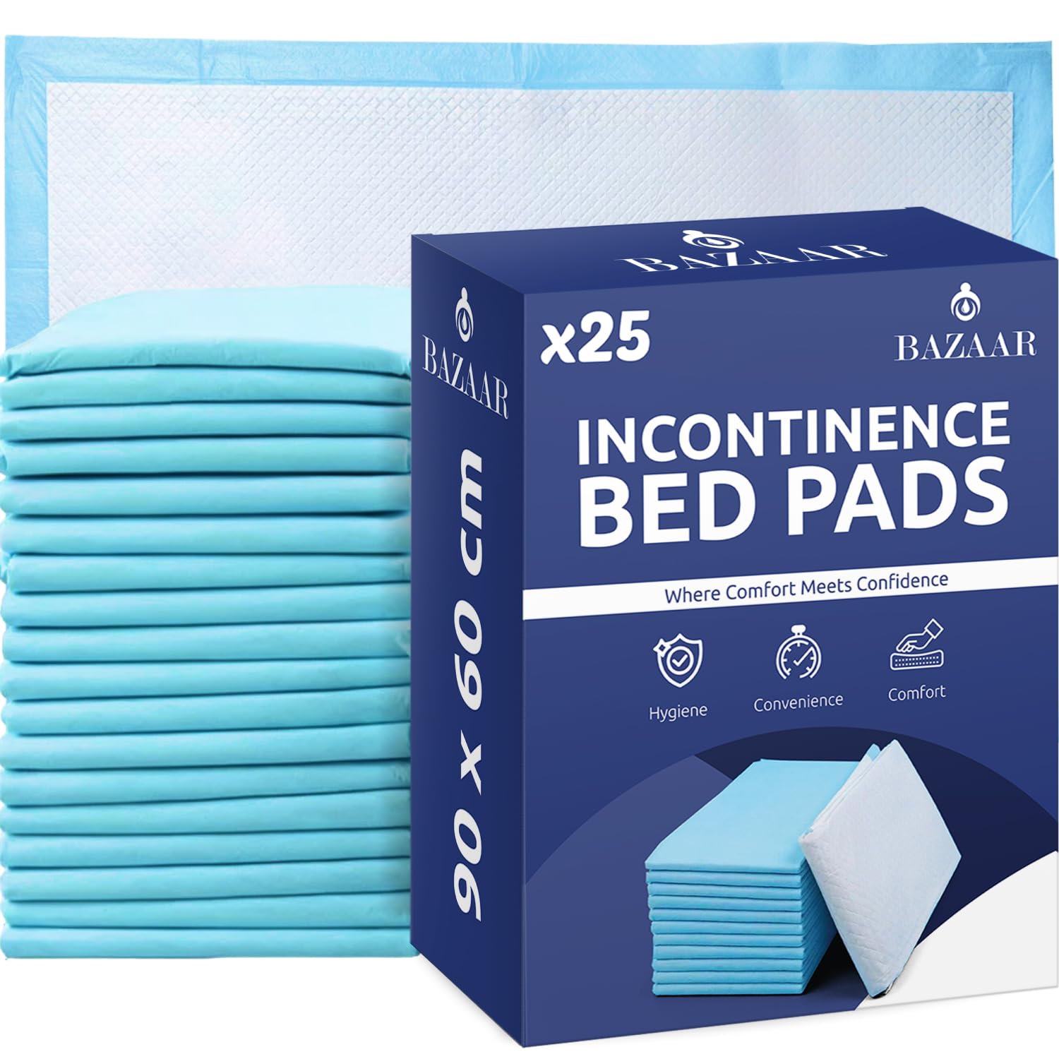 25 x Bazaar Disposable Incontinence Bed Pads 60 x 90cm | Highly-Absorbent Incontinence Bed Sheets | Waterproof Incontinence Sheets for Sofa, Mattress, Chair & for Babies, Children, Adults, & Elderly.