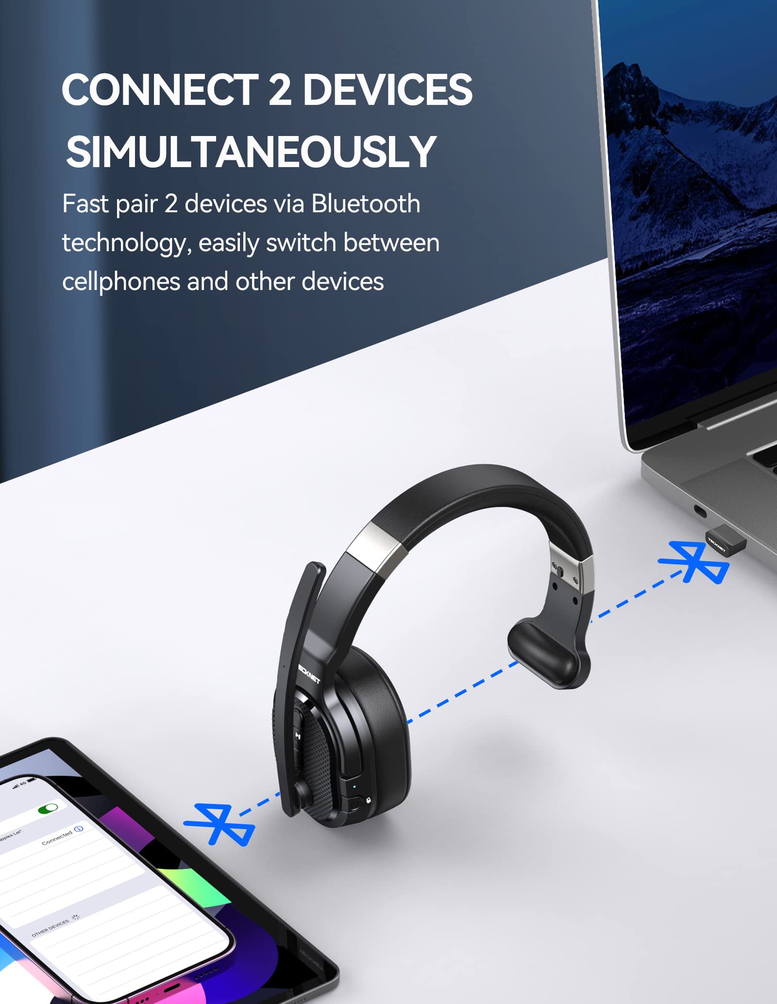TECKNET Trucker Bluetooth Headset, AI Noise Canceling 70h Wireless Headphones Bluetooth with Microphone & Dongle, ENC Headset with Mute for PC Phone Laptop Office Home, All Day Comfort