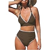 CUPSHE Women's Bikini Sets High Waisted Swimsuit Deep V Neck Crisscross Back Tie Stitching Ruched Full Coverage