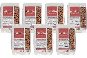 DeLallo Whole Wheat Farfalle Bowtie Pasta, 1 Pound Bag, 7 Pack, Butterfly Shape Noodles, 100% Organic, Imported from Italy, Made with Whole Durum Wheat Flour