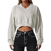 Remidoo Women's V Neck Cropped Sweatshirt Long Sleeve Loose Fit Drop Shoulder Pullover Top