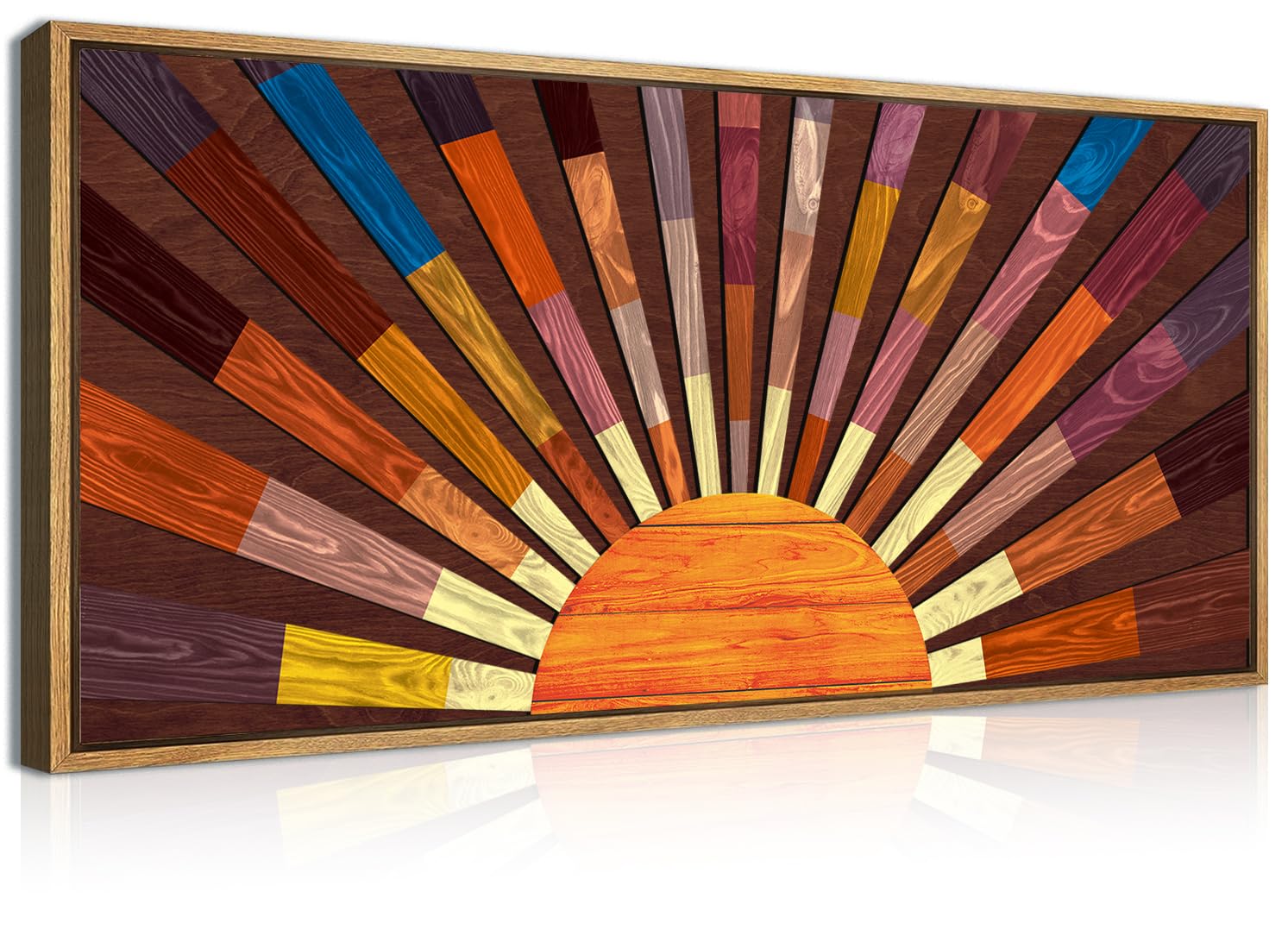 Photo 1 of ***FOR PARTS/ FRAME IS DAMAGED*** IARTTOP Extra Large Boho Sun Wood Wall Art for Living Room Wooden 3D Framed Abstract Sun Rising on the Horizon Geometric Wall Decor Mid century Sunshine Artwork Home Bedroom Office20 * 40 Inch