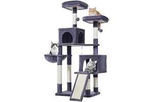Taoqimiao 56.3-Inch Cat Tree, Cat Tower with Scratching Posts, Cat Tree House for Indoor Cats with hammocks, Toys, Condo and Large Scratch Board, Smoky Gray MS012G