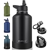 CIVAGO 64 oz Insulated Water Bottle With Straw, Half Gallon Stainless Steel Sports Water Flask Jug with 3 Lids (Straw, Spout and Handle Lid), Large Metal Thermal Cup Mug, Midnight Black