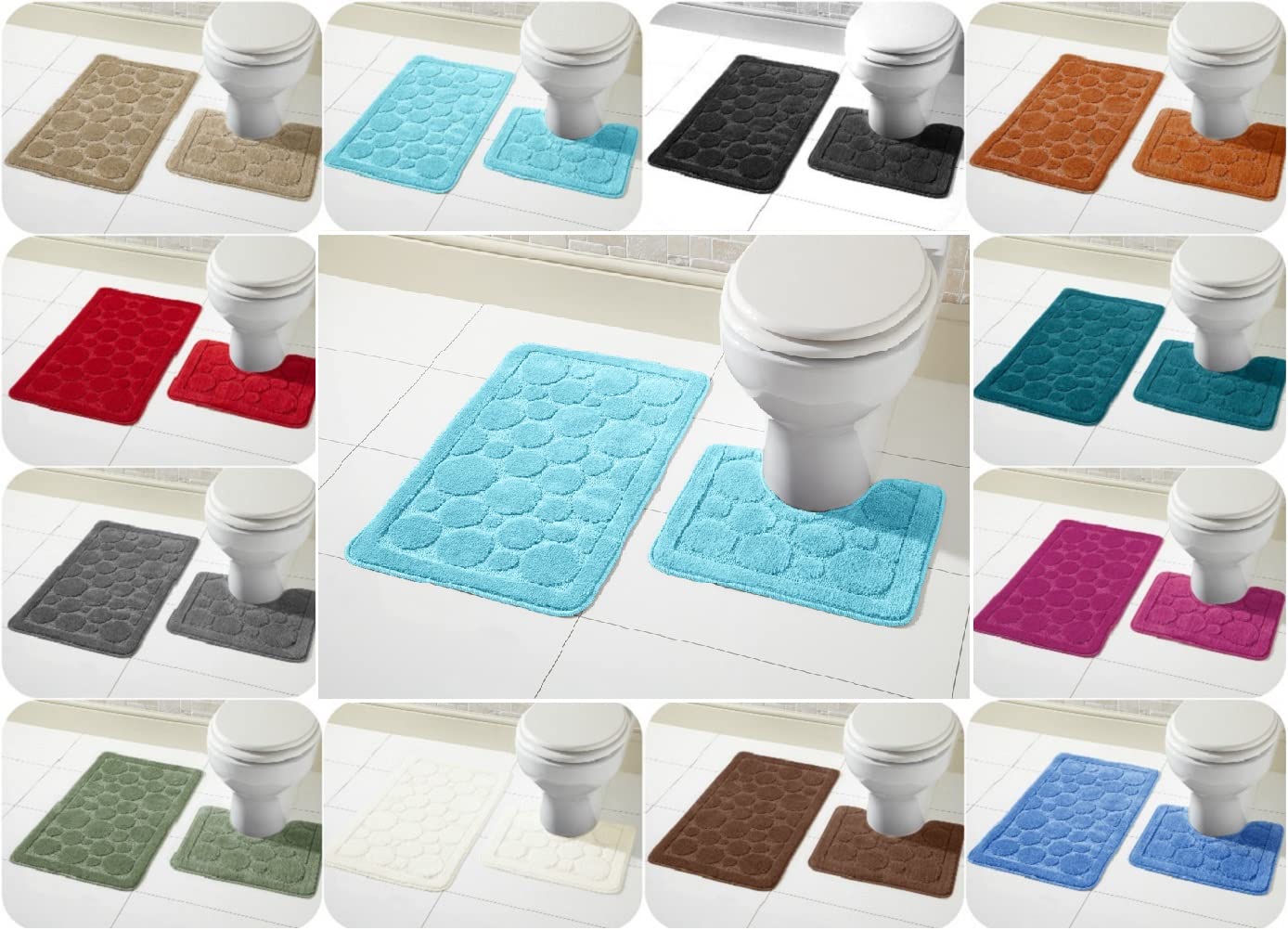 Voice7 Luxury 2 Piece Cali Circles Bath and Pedestal Mat Set - Non Slip Rubber Backing & Comfortable - Choose from 15 Stunning Colors (Aqua, UK Size)