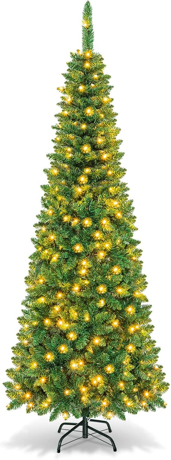 Trees - Goplus 6.5FT Prelit Pencil Christmas Tree, Premium Hinged Fir Tree, with LED Lights and Solid Metal Stand, Easy Assemble, Ideal Artificial Xmas Tree for Home and Office, Warm White LED