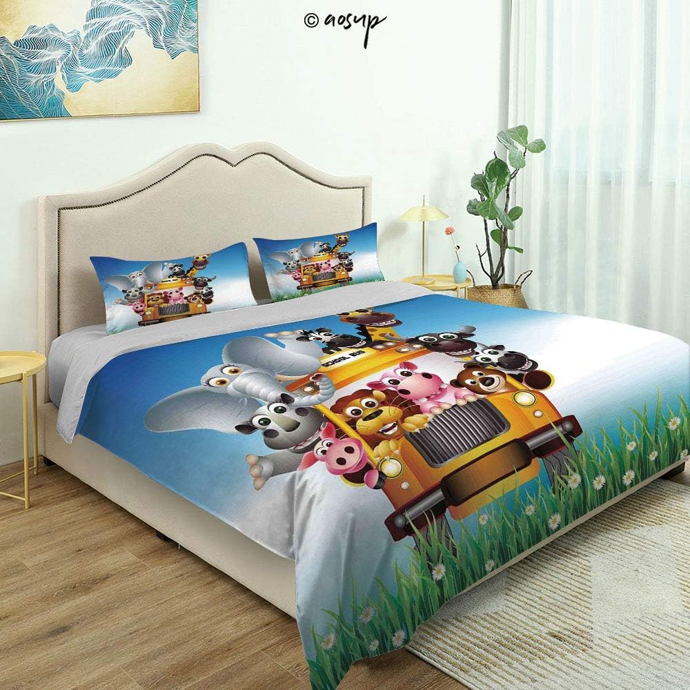 Homenon Bedding Sheet Modern Bed Sets Funny Animals on a School Bus Zoo Elephant Cow Lion Piggy Giraffe for Teen 3 Pieces (1 Quilt Cover, 2 Pillowcases) (King)