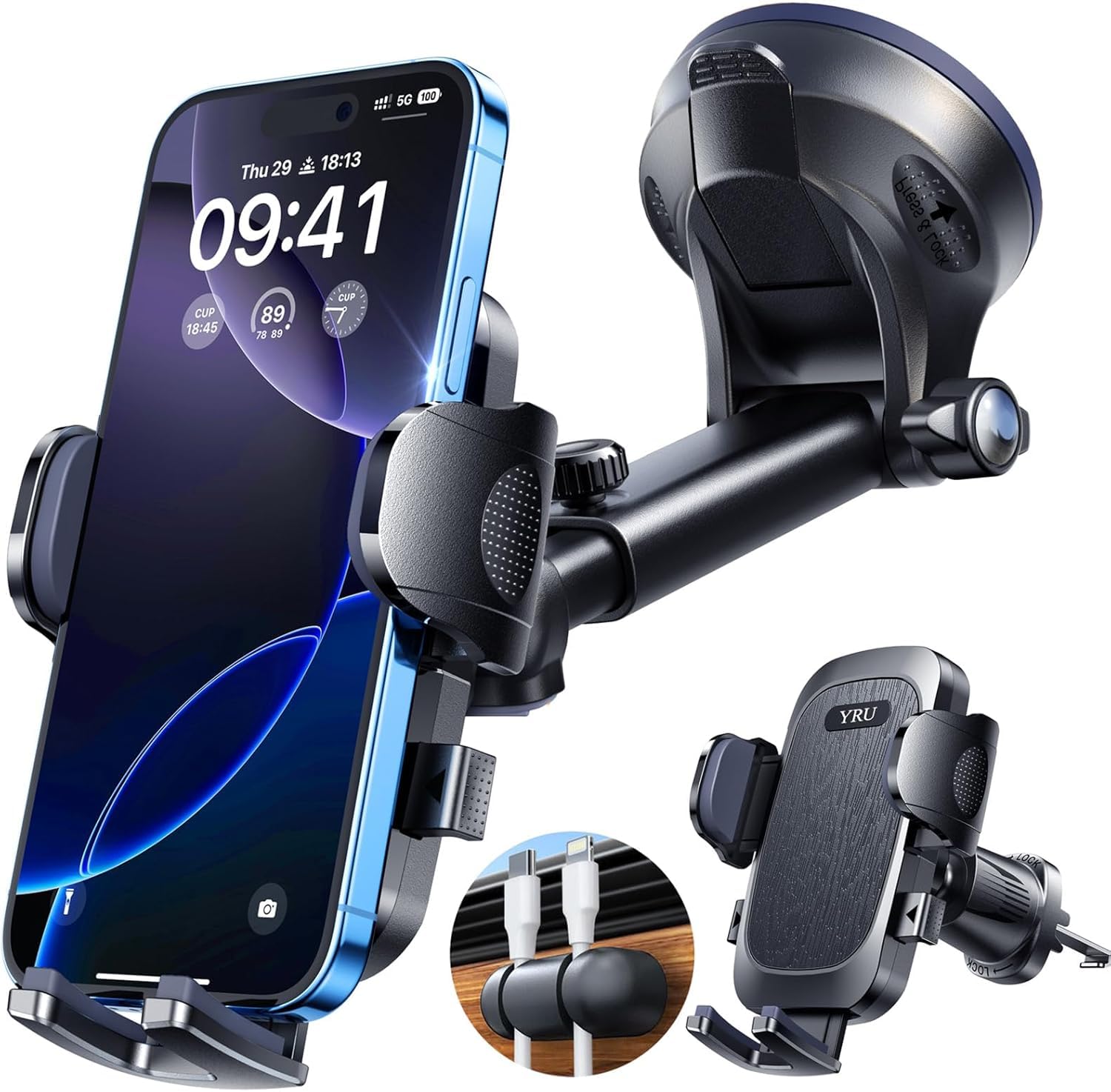 [2026 Militär-Klasse] YRU Handyhalterung Auto Handy Halterung Auto [Stärkst Saugnapf & Clip] Universal Auto Handyhalterung Armaturenbrett Scheibe Lüftung für iPhone 17 Pro 16 Samsung S25 ultra Schwarz