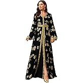 Abaya for Women Floral Embroidered Muslim Dress V-Neck Arabian Maxi Robe